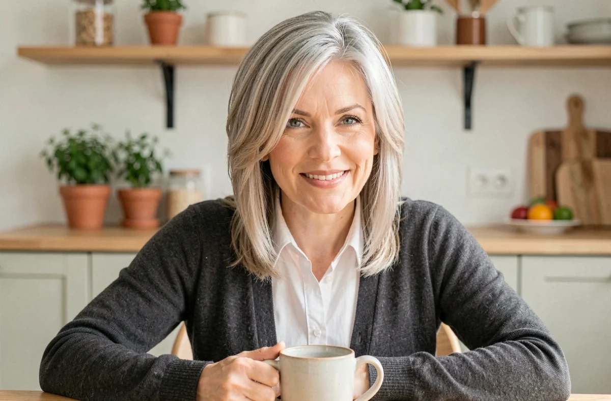 Femme mature avec coiffure mi-longue dégradée adaptée aux cheveux fins et clairsemés dans un intérieur cosy