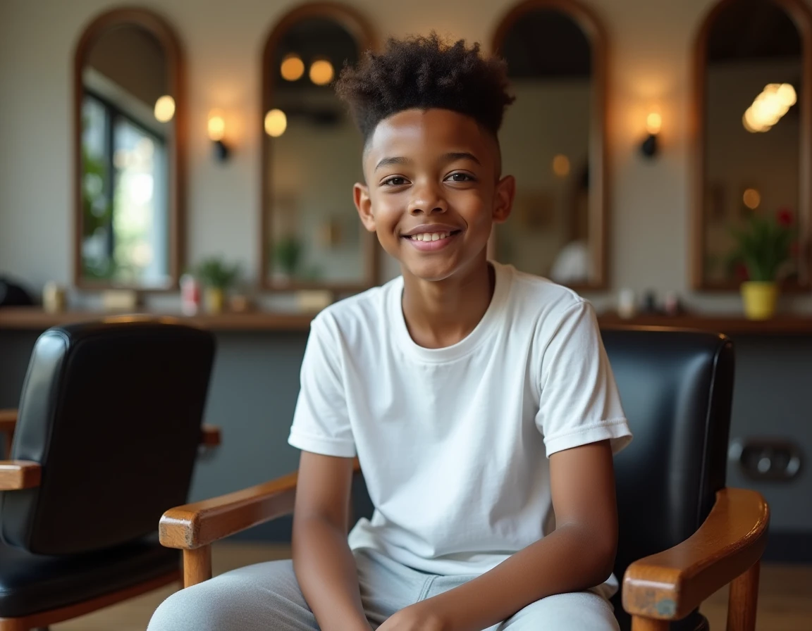 Jeune garçon ado avec coupe high-top fade et boucles définies assis dans un salon de coiffure moderne