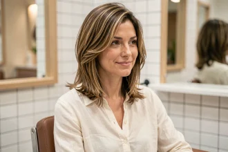 Femme aux cheveux mi-longs dégradés avec volume sur cheveux fins dans un salon de coiffure moderne