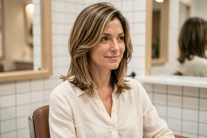 Femme aux cheveux mi-longs dégradés avec volume sur cheveux fins dans un salon de coiffure moderne