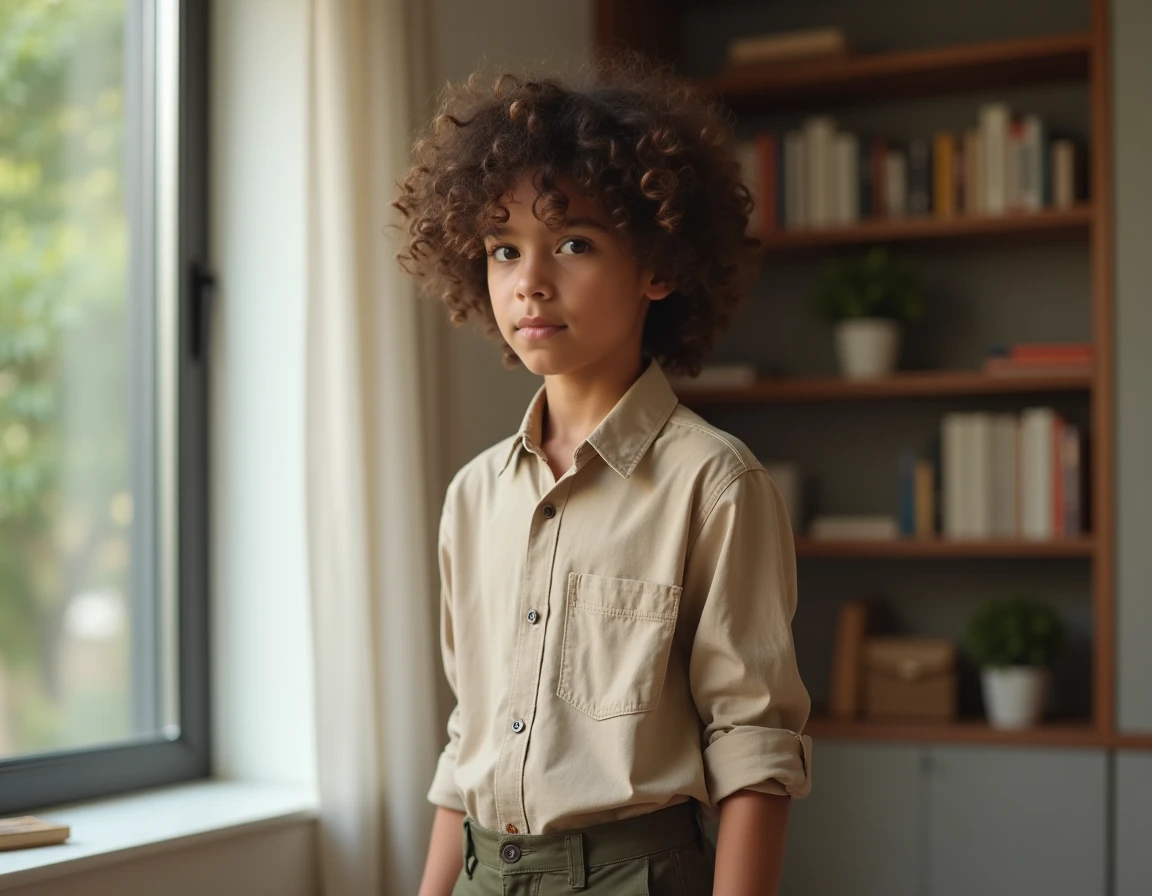 Adolescent garçon aux cheveux bouclés naturels coiffés sans chaleur dans un intérieur moderne