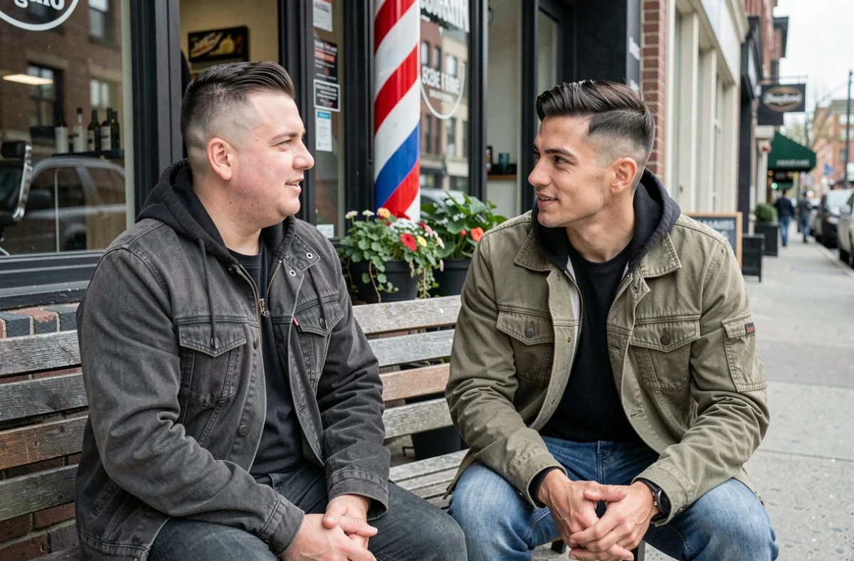 Deux hommes aux coupes fade tapered différentes assis devant un barbershop en extérieur, comparaison entre dégradé low et mid selon la forme du visage