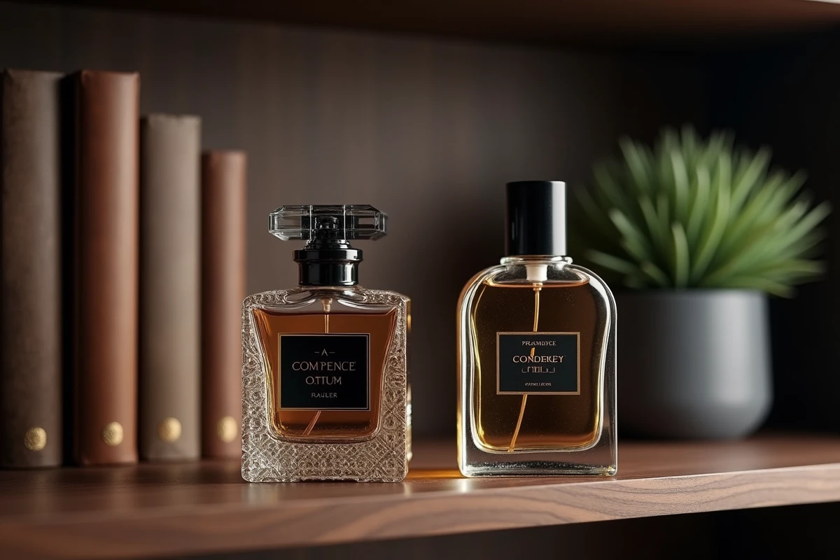 Deux flacons de parfum homme côte à côte sur une étagère en bois, comparaison dupe et original luxe