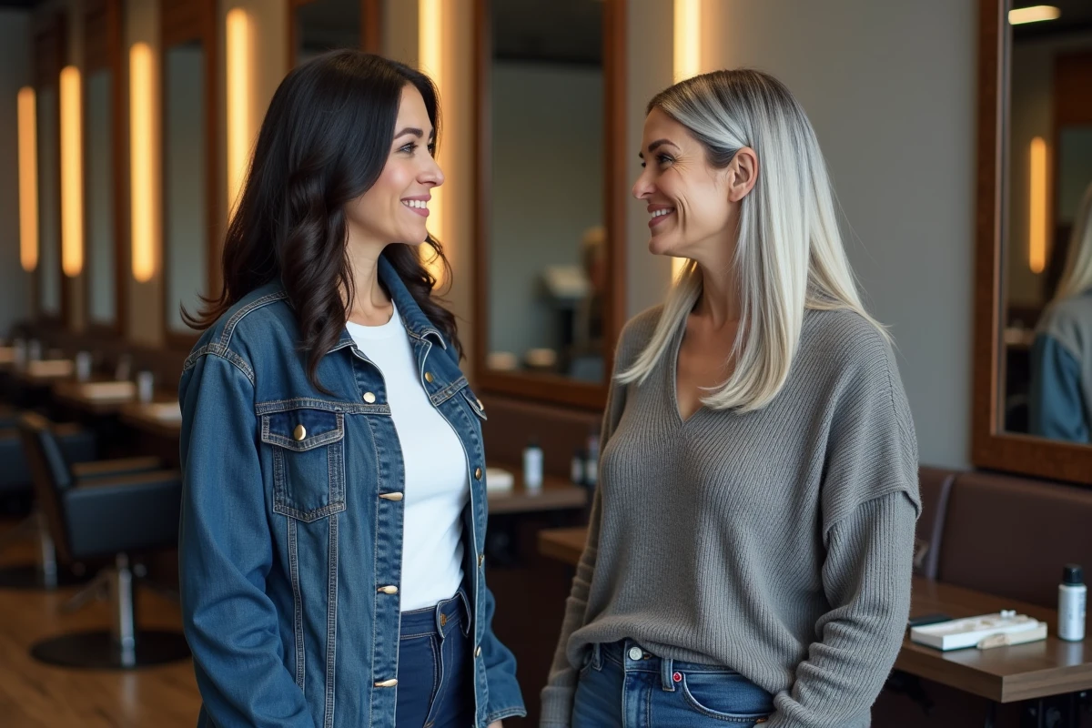 Deux femmes dans la quarantaine comparant un grey blending et des mèches classiques dans un salon de coiffure