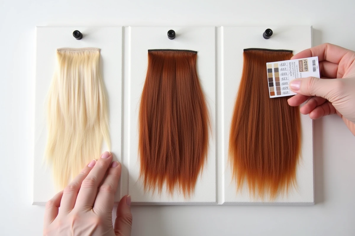 Comparaison de mèches de cheveux colorés par décoloration, teinture chimique et henné sur un tableau blanc de référence