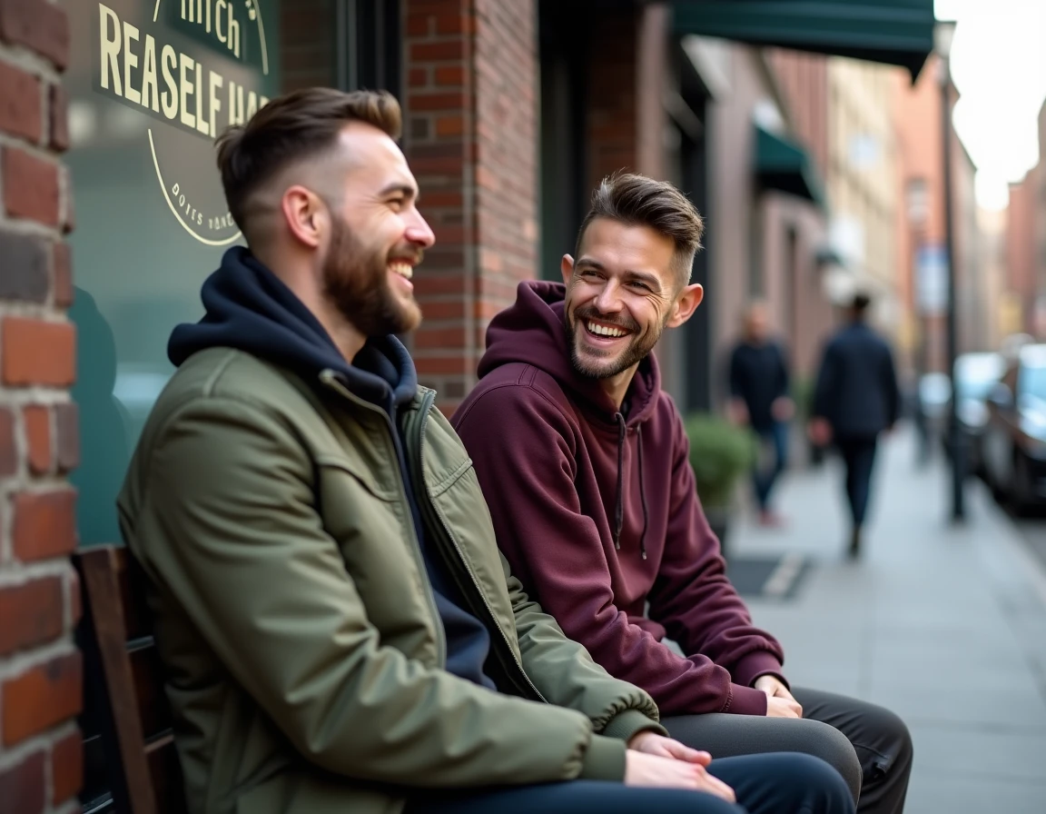 Deux hommes avec une coupe taper et un dégradé classique assis devant un barbershop en comparaison de styles