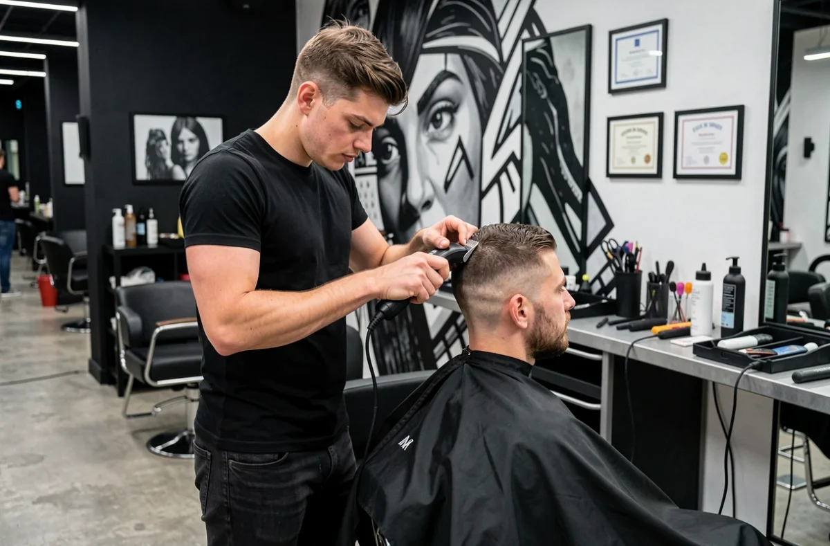 Coiffeur réalisant une coupe précise dans le salon Concept Coiffure à Lorient, dans un cadre urbain moderne aux tons sombres et graphiques