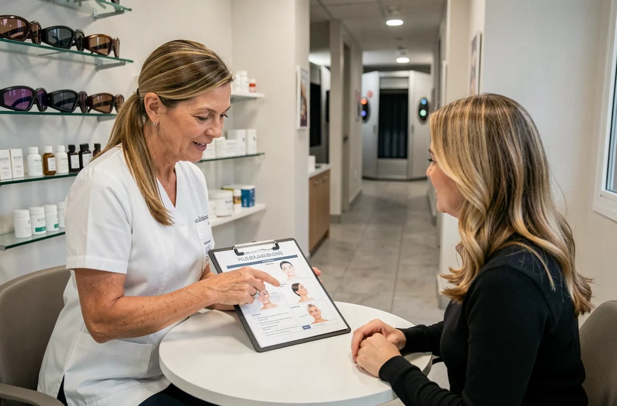 Esthéticienne conseillant une cliente sur la préparation de la peau avant une séance UV dans un centre de bronzage