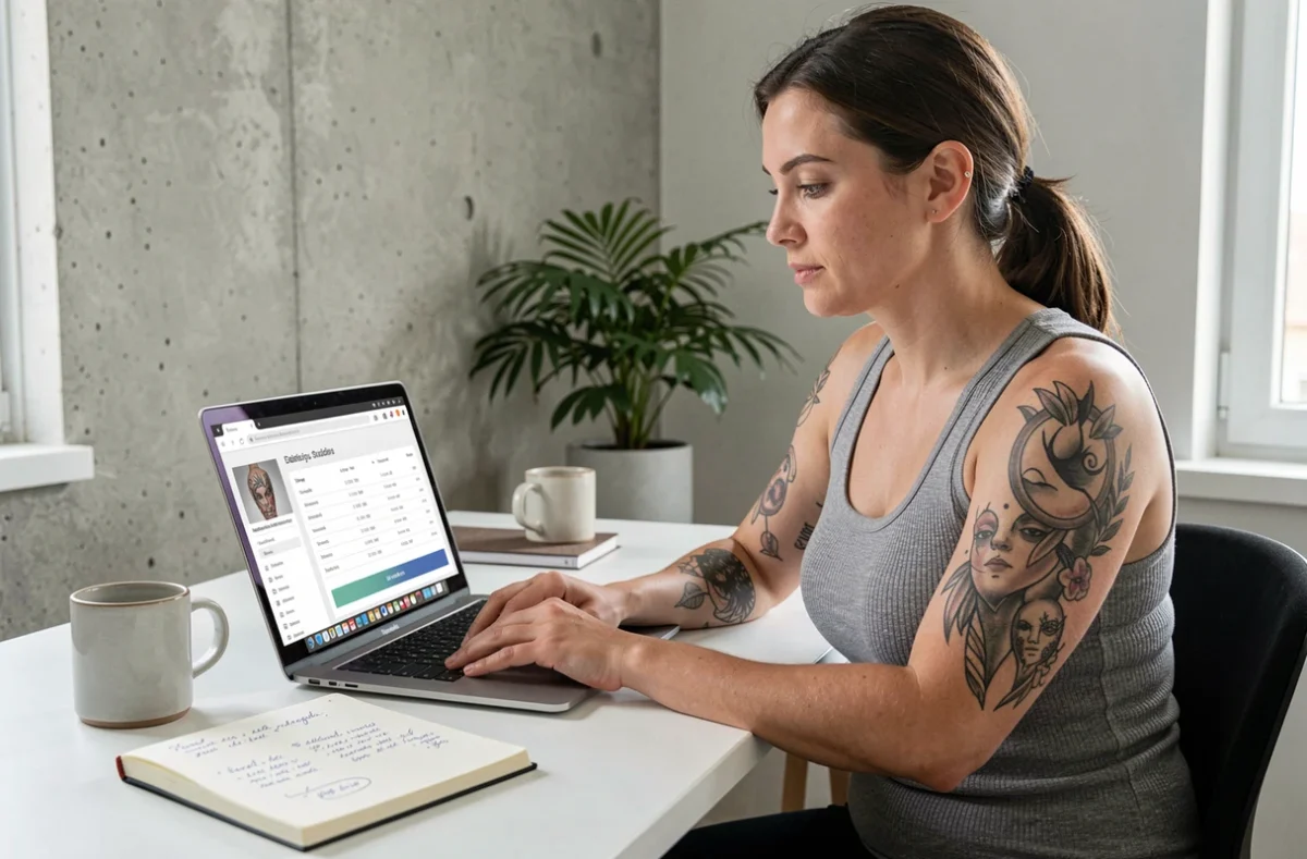 Femme tatouée consultant les tarifs d'un tatouage sur ordinateur portable dans un bureau moderne à la maison