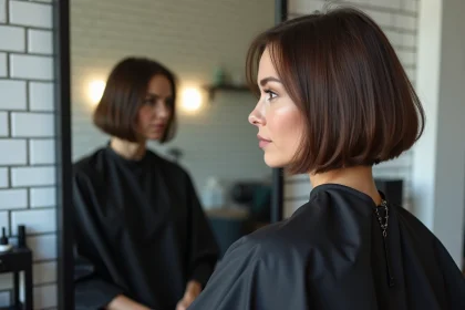Femme avec une coupe au carré dégradé dans un salon de coiffure parisien moderne