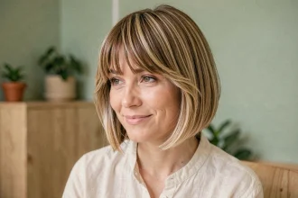 Femme aux cheveux courts avec une coupe carré floue dégradée et une frange rideau dans un salon de coiffure minimaliste