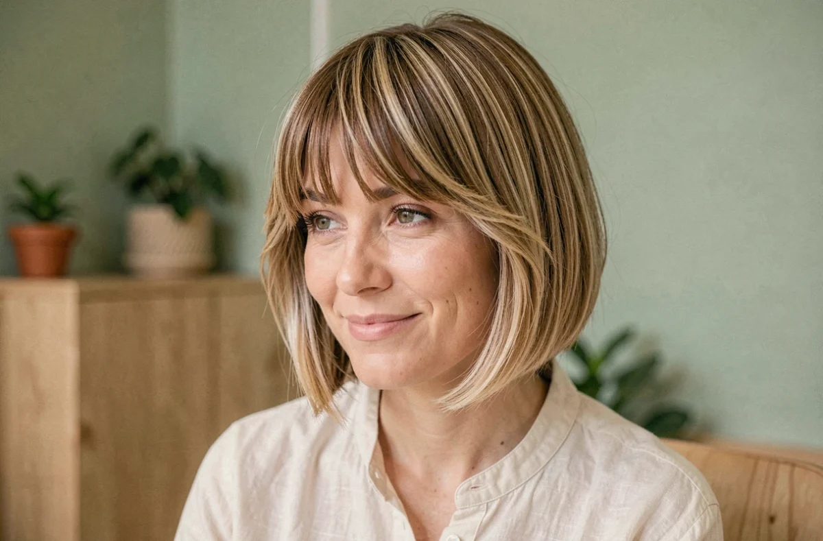 Femme aux cheveux courts avec une coupe carré floue dégradée et une frange rideau dans un salon de coiffure minimaliste