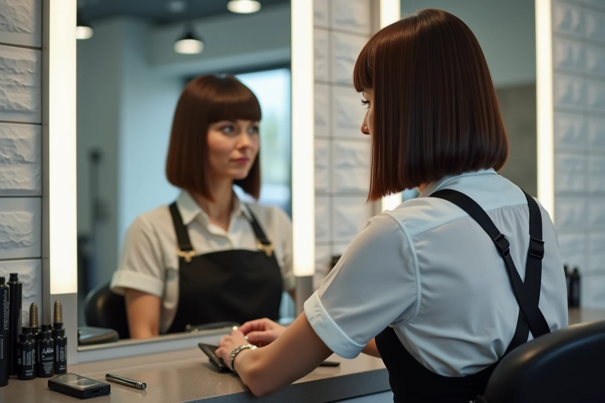 Coiffeuse professionnelle avec une coupe carré mi-long géométrique dans un salon moderne minimaliste, reflet miroir, style 2026