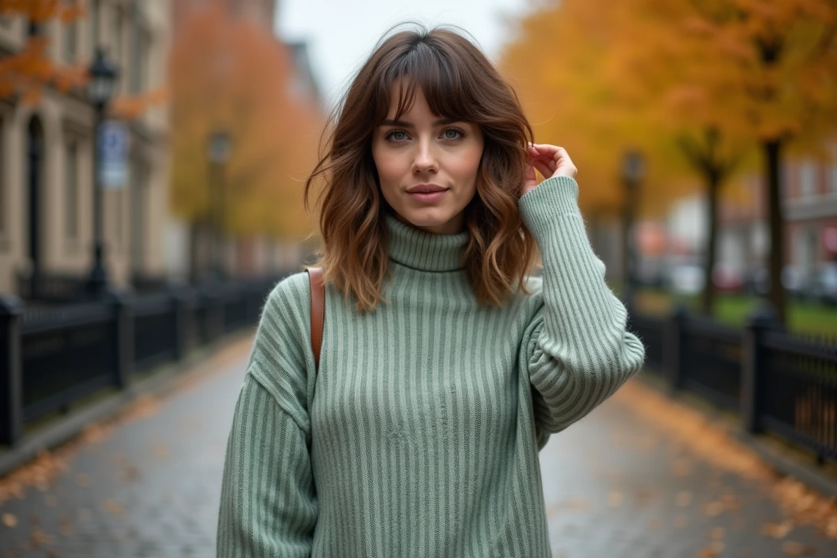 Femme aux cheveux mi-longs ondulés avec frange rideau en plein air sur pavés en automne, pull col roulé sauge, coupe tendance 2026