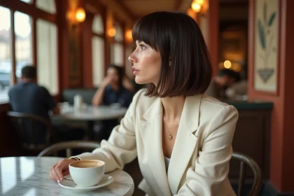 Femme avec une coupe carré mi-long tendance 2026 assise dans un café parisien, blazer crème, coupe lisse aux épaules