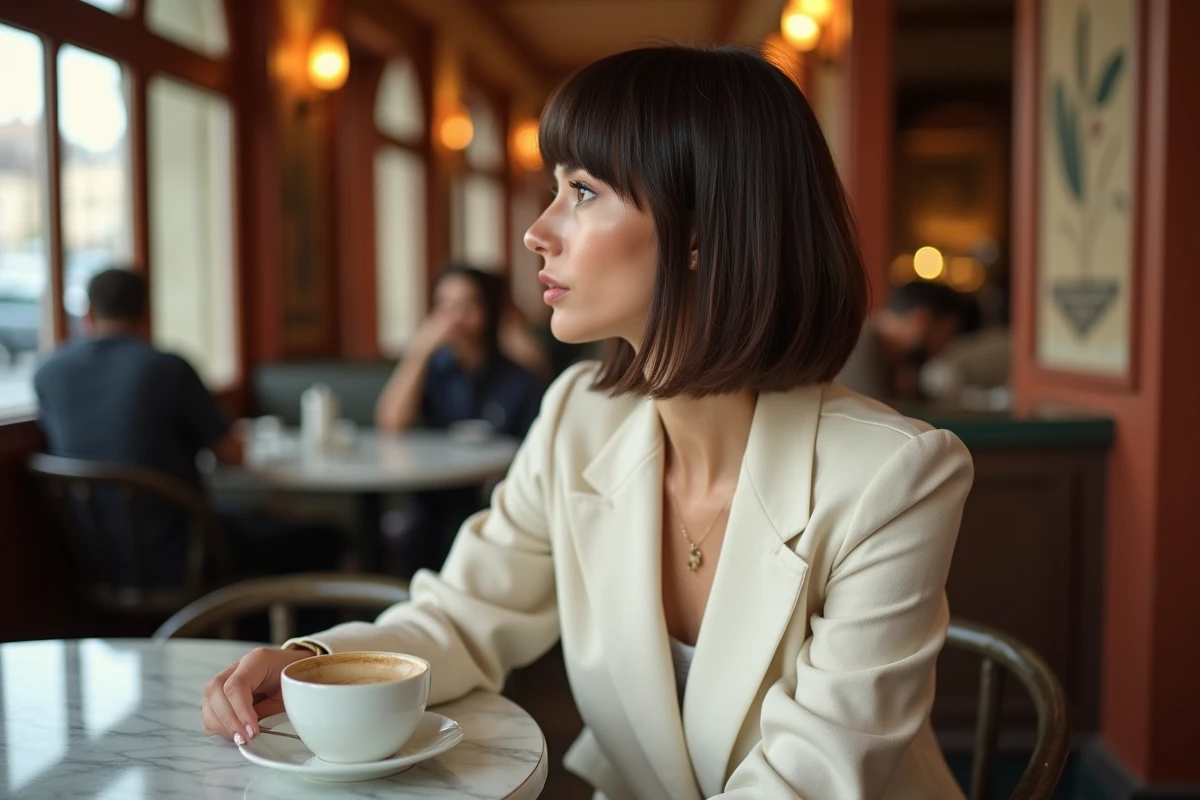 Femme avec une coupe carré mi-long tendance 2026 assise dans un café parisien, blazer crème, coupe lisse aux épaules