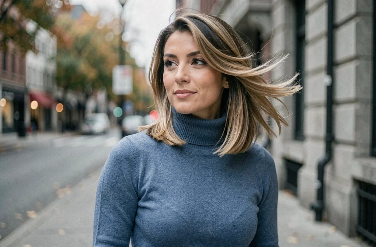 Coupe de cheveux mi-longs dégradés volumisants pour cheveux fins portée en extérieur en milieu urbain