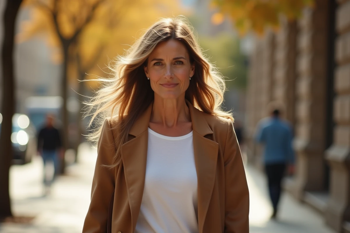 Femme de 48 ans avec une coupe dégradée effilée longue et blonde, marchant dans une rue urbaine en automne