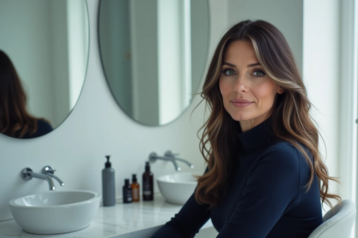 Femme élégante de 50 ans avec coupe longue dégradée effilée aux reflets cendres, devant un miroir de salle de bain moderne