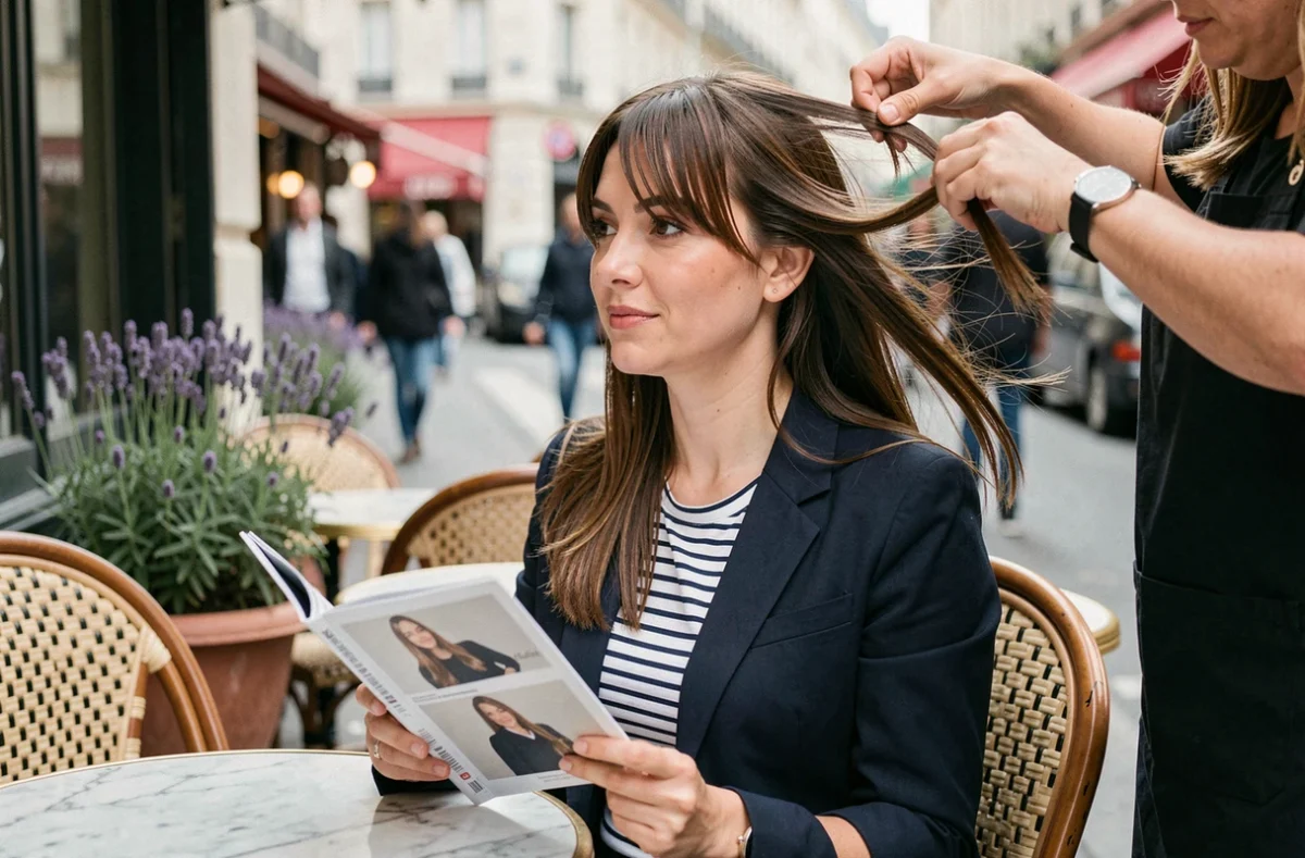 Femme au visage rond en terrasse de café parisien montrant une coupe longue avec frange oblique pour affiner le visage