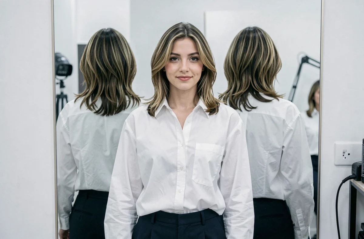 Vue de face et de dos d'une coupe mi-longue dégradée sur cheveux fins réalisée dans un studio de coiffure professionnel