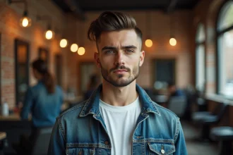 Homme avec une coupe mulet moderne dans un barbershop urbain, style tendance 2026
