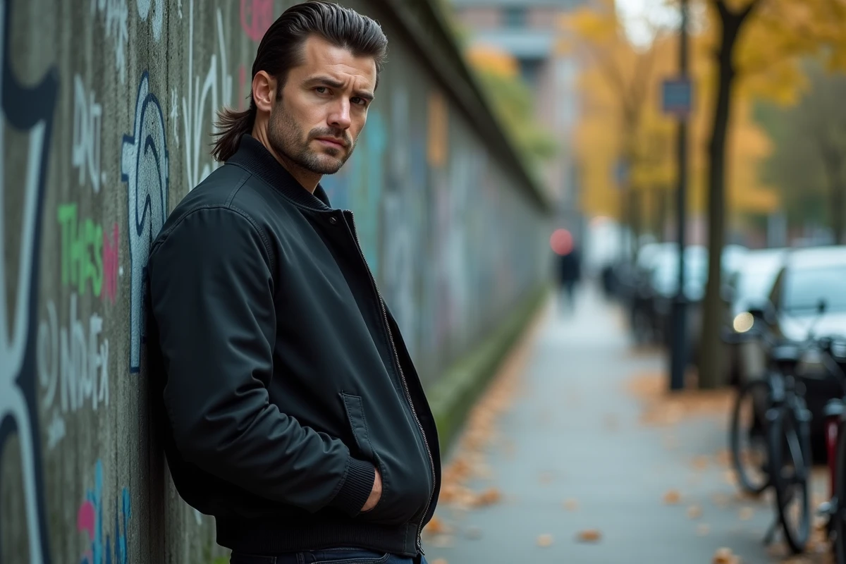 Homme arborant une coupe mulet tendance dans une rue urbaine en automne, look mode 2026