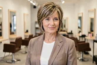 Femme de 50 ans avec une coupe shaggy courte et effilée aux reflets blonds dans un salon de coiffure moderne