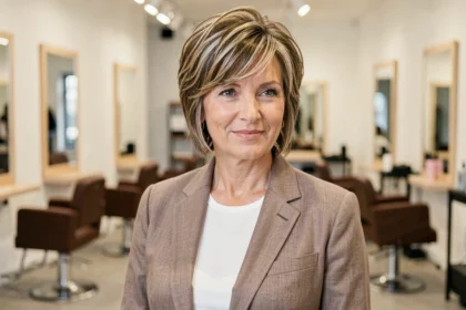 Femme de 50 ans avec une coupe shaggy courte et effilée aux reflets blonds dans un salon de coiffure moderne