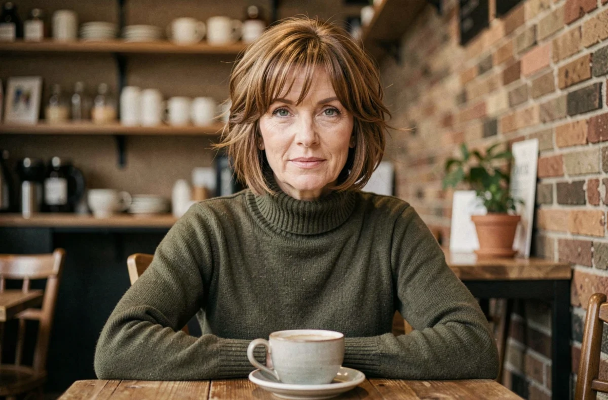 Femme d'une cinquantaine d'années arborant une coupe shaggy courte avec frange effilée dans un café urbain