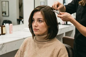 Femme aux joues rondes en salon de coiffure recevant un carré long effilé pour affiner son visage