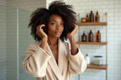 Femme aux cheveux bouclés naturels appliquant une crème coiffante sur ses boucles dans une salle de bain moderne