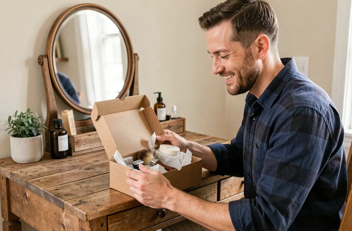 Homme souriant qui déballe un coffret rasage pour débutant dans un intérieur cosy avec rasoir et blaireau