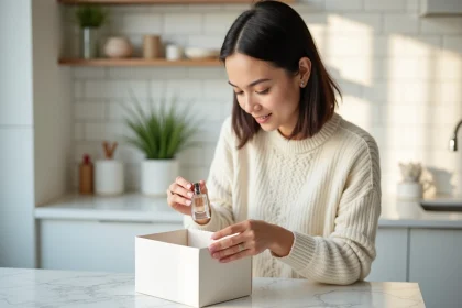 Femme déballant une commande Space NK avec des produits de beauté de luxe sur un plan de travail en marbre
