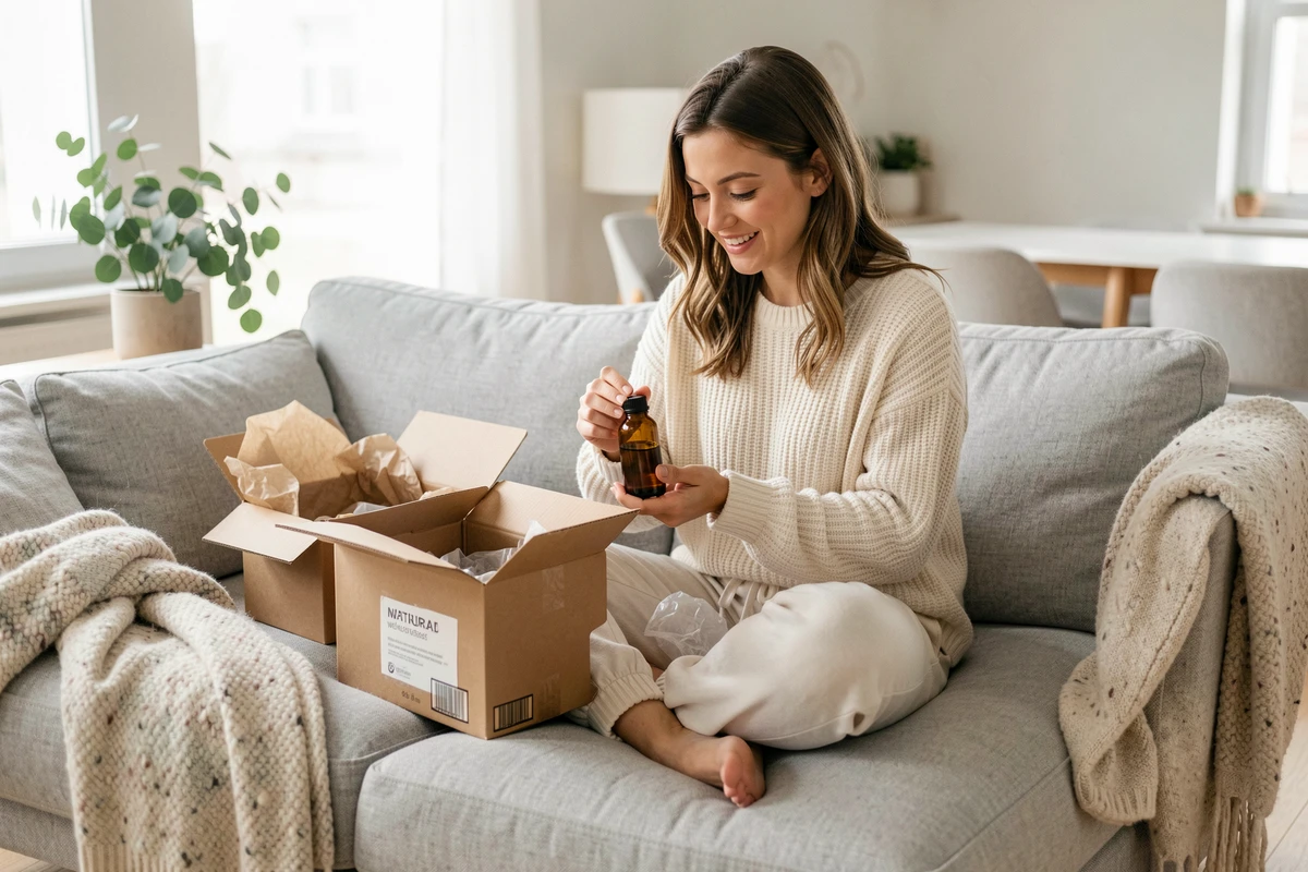 Jeune femme déballant une commande de produits naturels Zaturelle reçue en livraison dans un salon scandinave