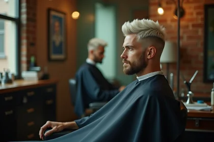 Homme aux cheveux dégradés blanc assis dans un fauteuil de barbier moderne, coupe propre et tendance