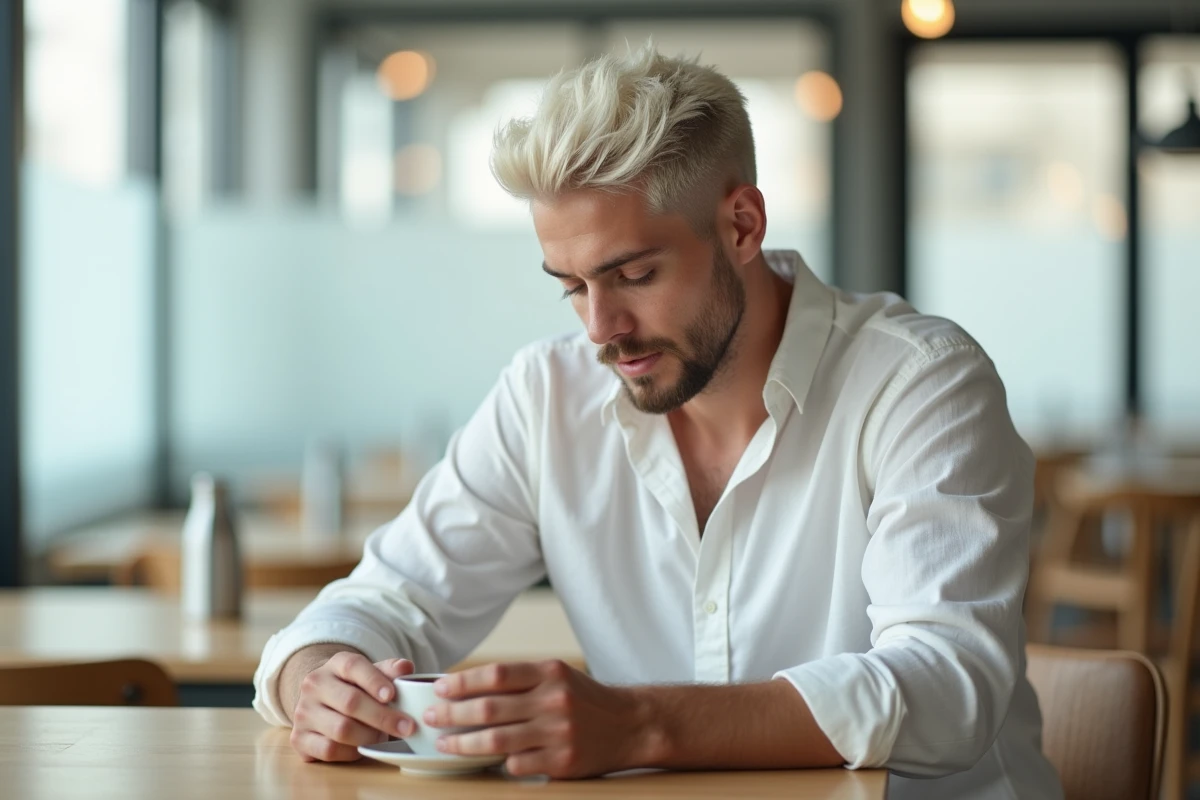 Jeune homme avec dégradé blanc attablé dans un café scandinave moderne, look contemporain et décontracté
