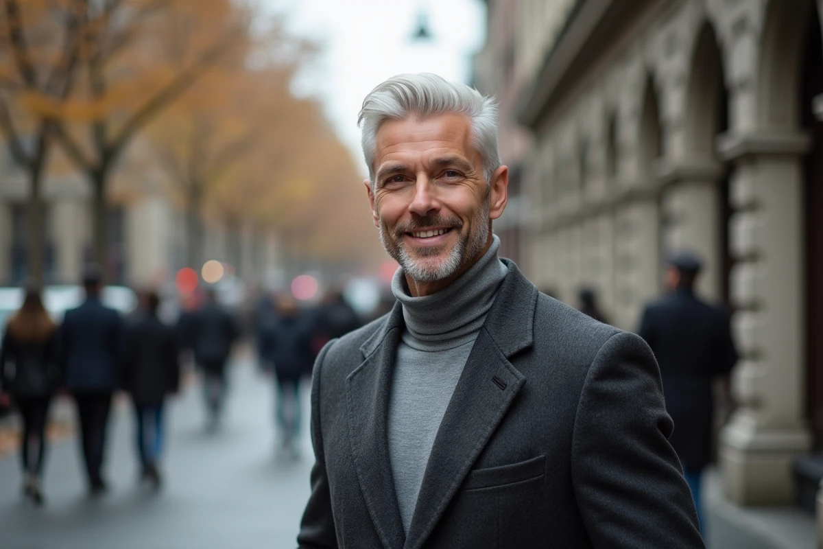 Homme mature élégant avec un dégradé blanc en milieu urbain, style urbain et sophistiqué