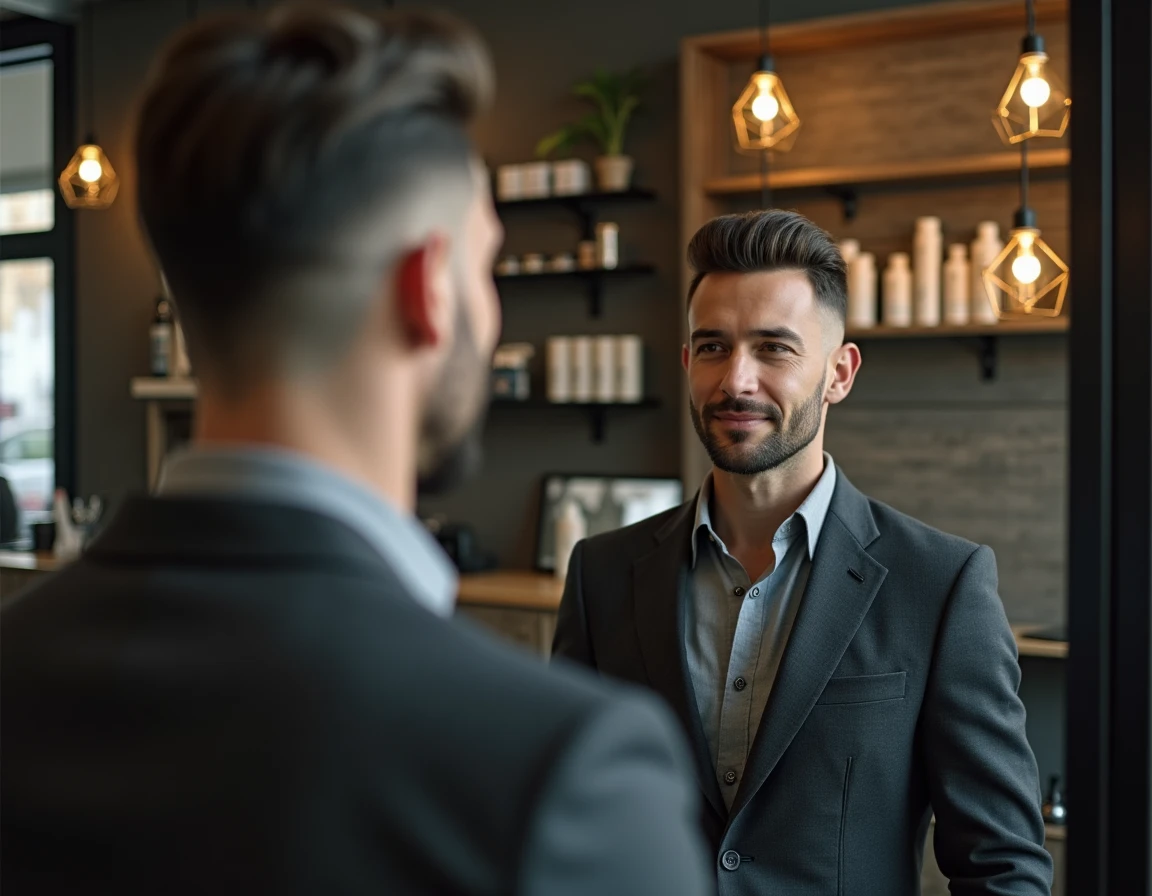 Homme d'une quarantaine d'années inspectant sa coupe dégradé classique devant un miroir dans un barbershop moderne
