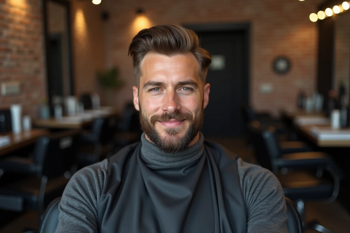 Homme dans un fauteuil de barbier avec une coupe dégradé raie sur le côté dans un salon de coiffure moderne
