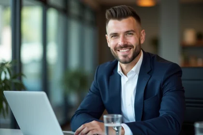 Homme en costume bleu marine avec une coupe dégradé raie sur le côté, style business professionnel en bureau moderne