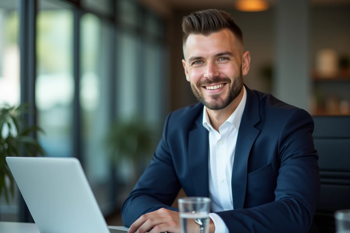 Homme en costume bleu marine avec une coupe dégradé raie sur le côté, style business professionnel en bureau moderne