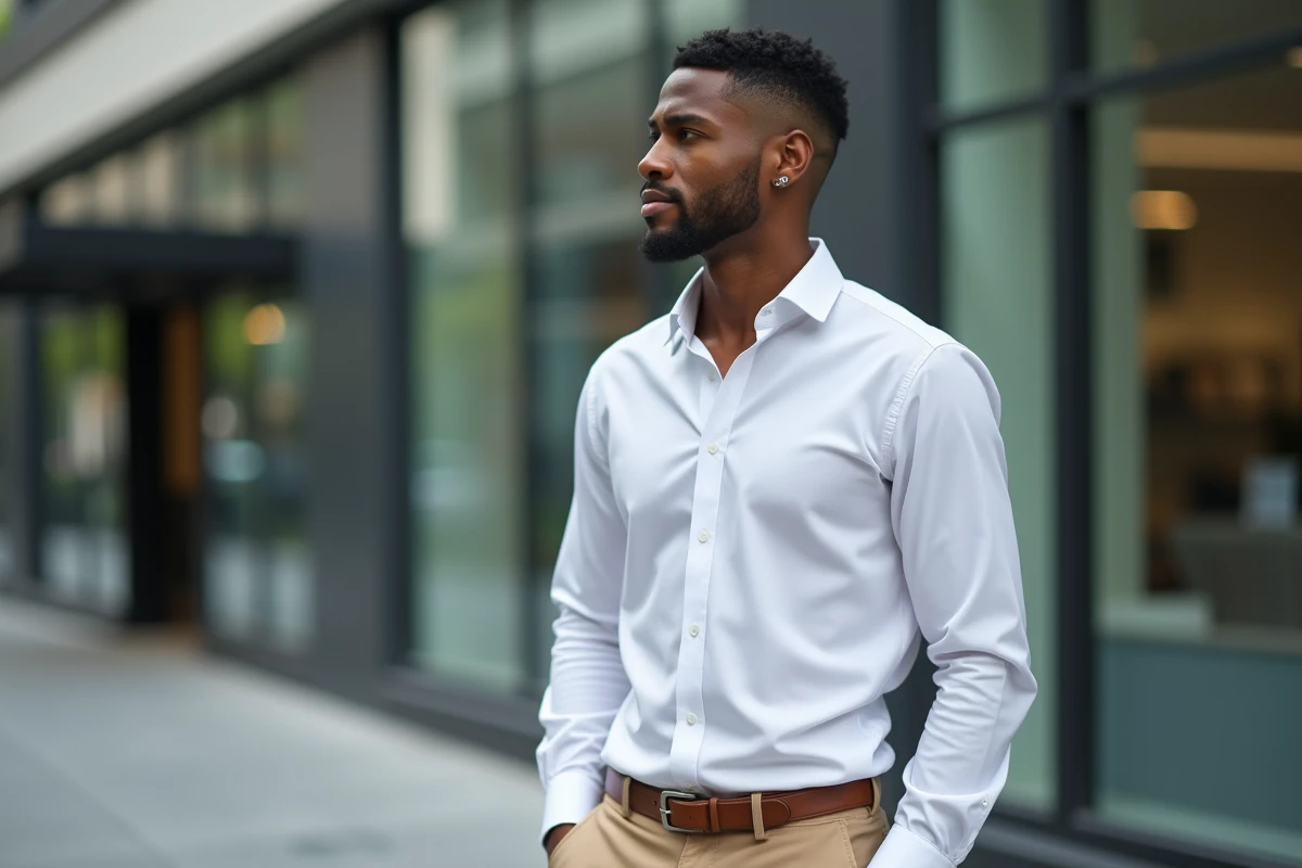 Homme avec coupe dégradé raie sur le côté en tenue smart casual dans une rue urbaine