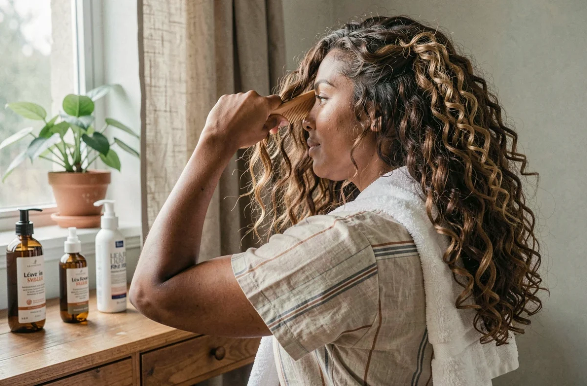 Femme métisse démêlant ses boucles avec un peigne à larges dents devant un miroir