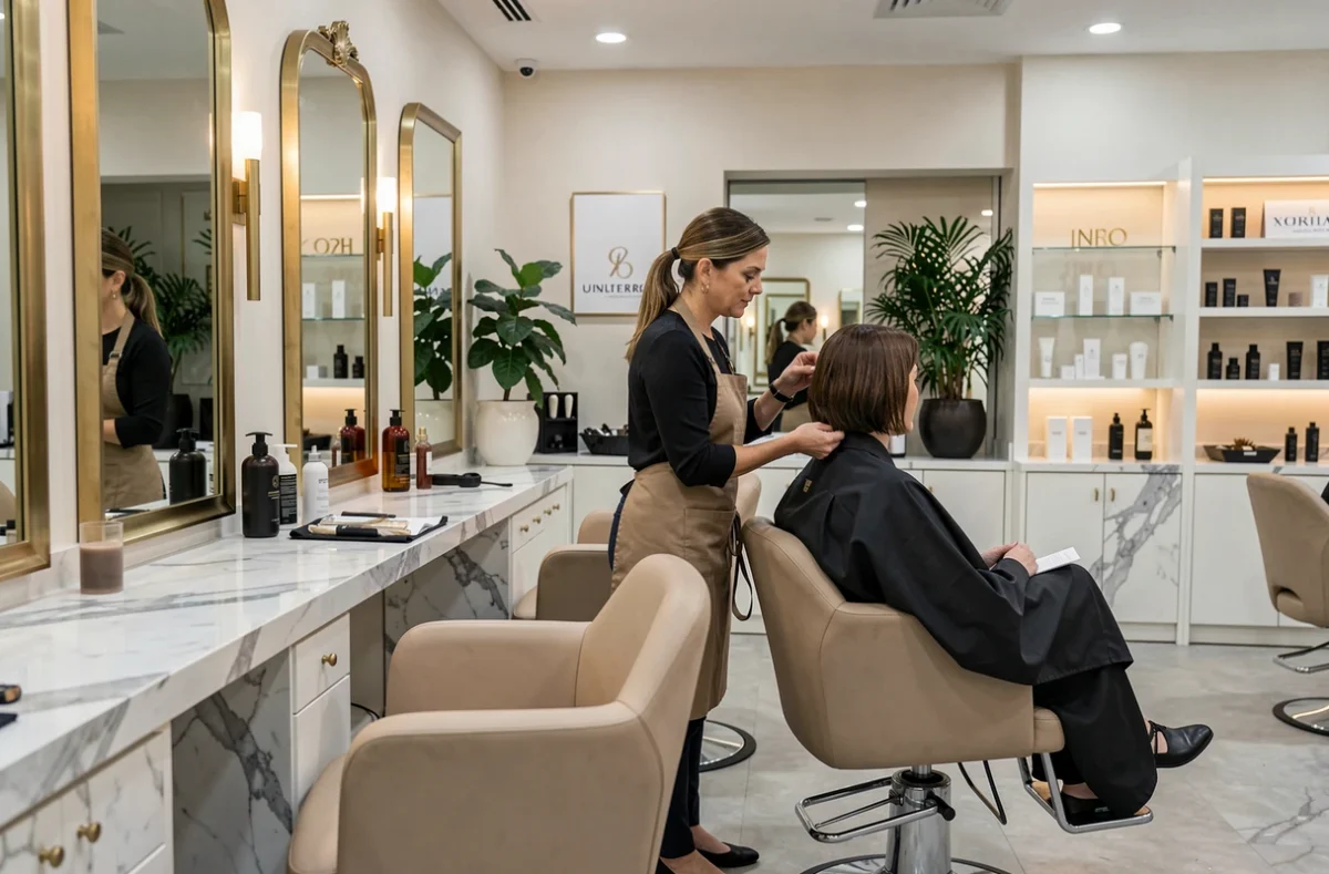 Intérieur élégant et haut de gamme du salon Dessange d'Enghien-les-Bains avec mobilier luxueux et ambiance raffinée