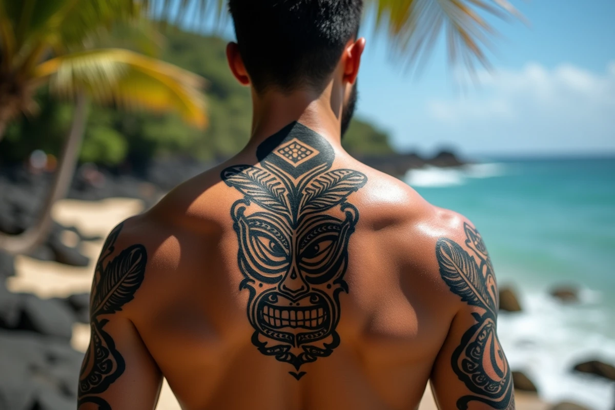 Détail rapproché d'un tatouage polynésien traditionnel avec motifs tiki et vagues sur le dos, fond de côte volcanique tropicale