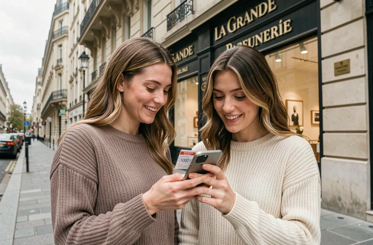 Deux femmes consultant un coupon de réduction sur smartphone devant une boutique de parfumerie à Paris