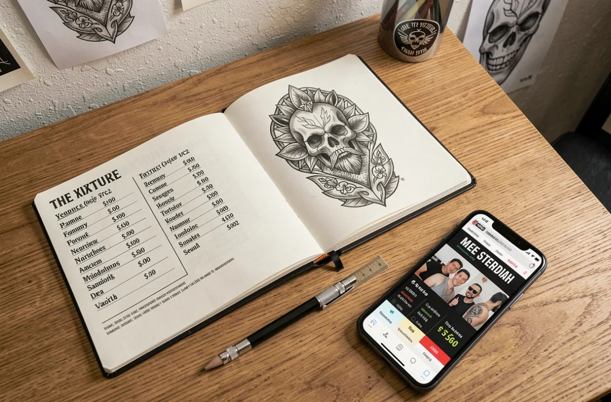 Vue de dessus d'un devis de tatouage imprimé, d'un carnet de croquis et d'un smartphone affichant les tarifs sur une table en bois
