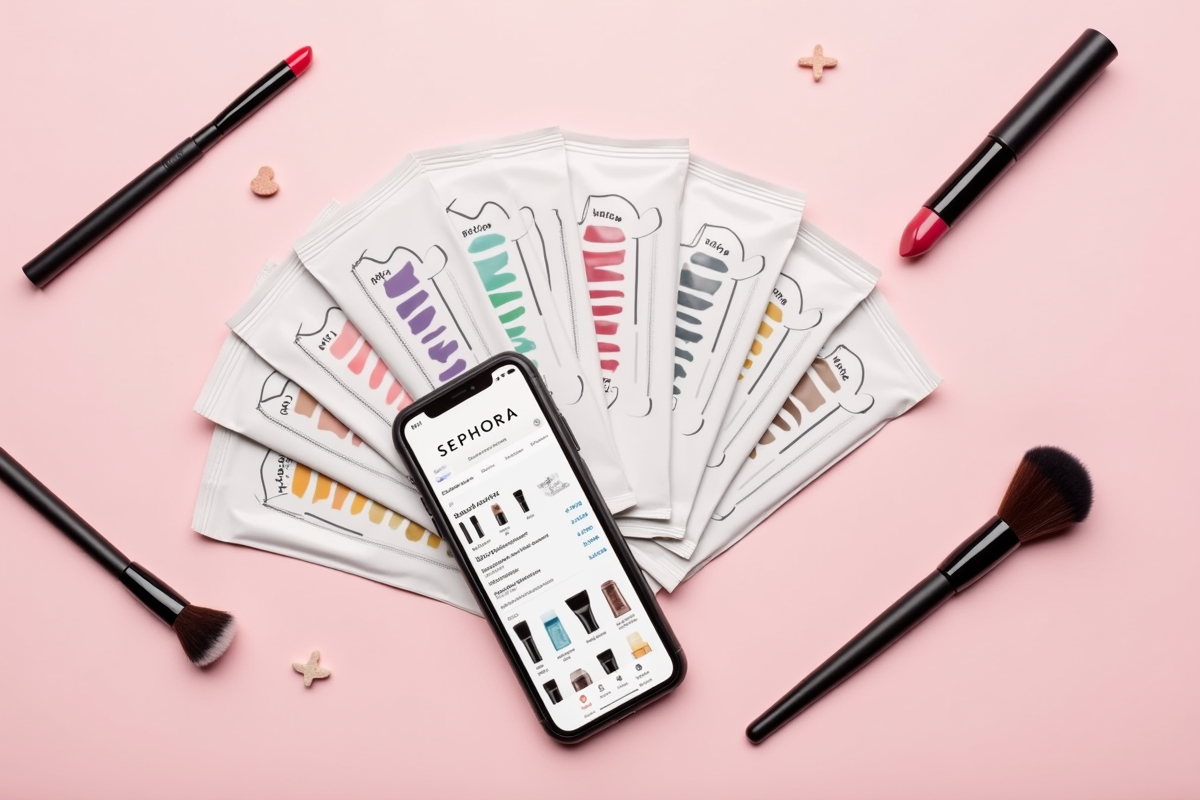 Arrangement de sachets Sephora avec maquillage et smartphone sur fond pastel