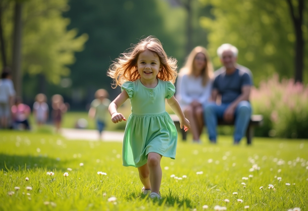 Petite fille courant dans un parc en famille en plein air